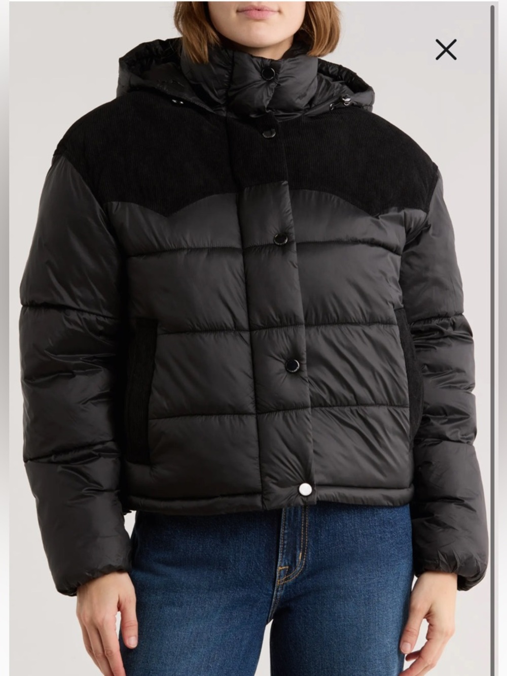 NWT Lucky Brand Black Quilted Puffer Jacket with Corduroy Yoke | SZ L